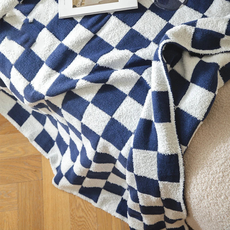 Rynx | Retro Checkered Plaid Knit Fleece Blankets Soft Cozy Thread Blanket Sofa Blanket Dust Cover Tassel Blankets For Bed