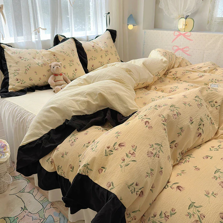 Rynx | Korean Style Flower Bedding Set 2024 New Washed Cotton 4-piece Bed Sheet Set Duvet Cover Set for Girls Bedding Decor Home