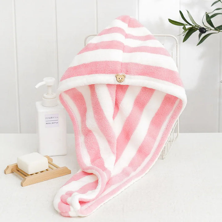Rynx Microfiber Hair Towel Wrap Thickened Coral Velvet Cationic Dry Hair Cap Water Absorption and Quick Drying Striped Shower Cap