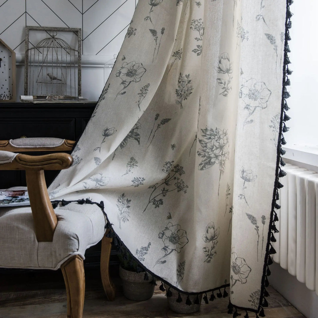 Rynx Cotton-Linen Blue Retro Orchid Curtains Floral Tassels for Kitchen Bedroom Living Room Bay Window Closet Curtain