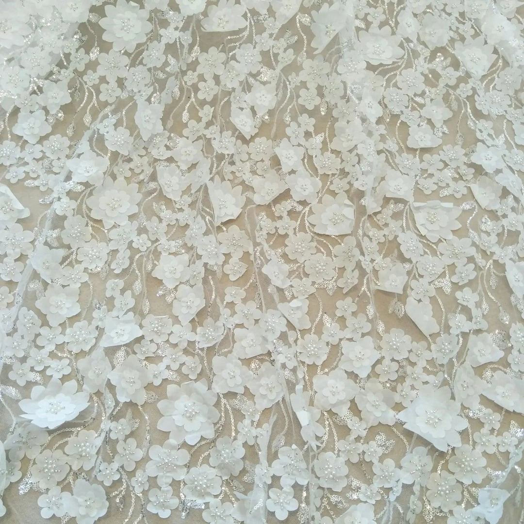 Lisslune | Extravagant Ivory 3D Pearls Lace Fabric - 130 cm Width, available per Yard