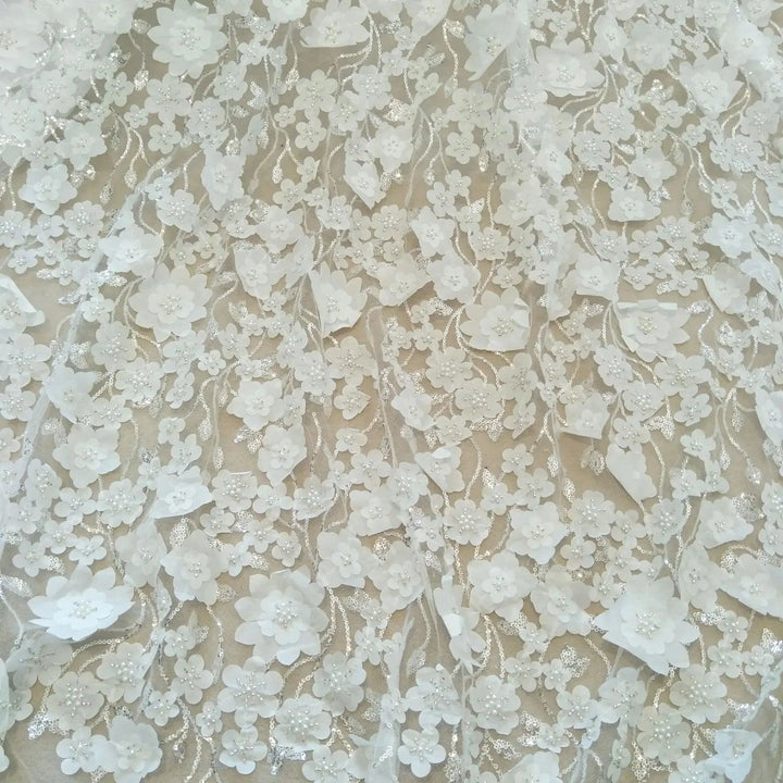 Lisslune | Extravagant Ivory 3D Pearls Lace Fabric - 130 cm Width, available per Yard