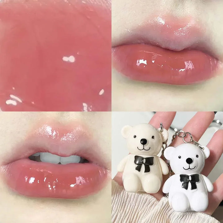 Rynx | Cute White Bear Keychain Glass Mirror Lipstick 6 Colors Sexy Jelly Red Liquid Lipsticks Waterproof Long-lasting Lip Lacquer Cosmetics