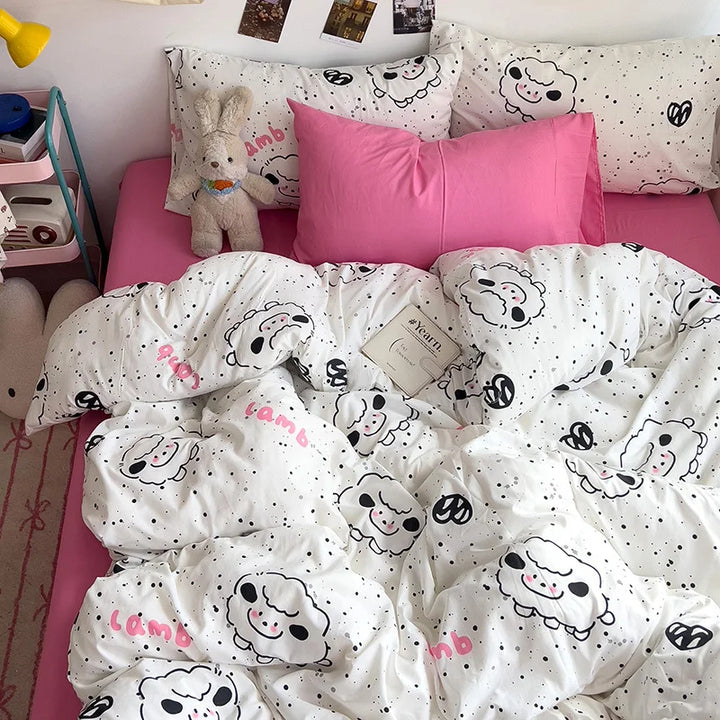 Rynx | Bedding Bedding Set A-Class Washed Cotton Four-Piece Bed Sheet Set Comfort Sets Solid Color Pair Duvet Cover Home Textiles