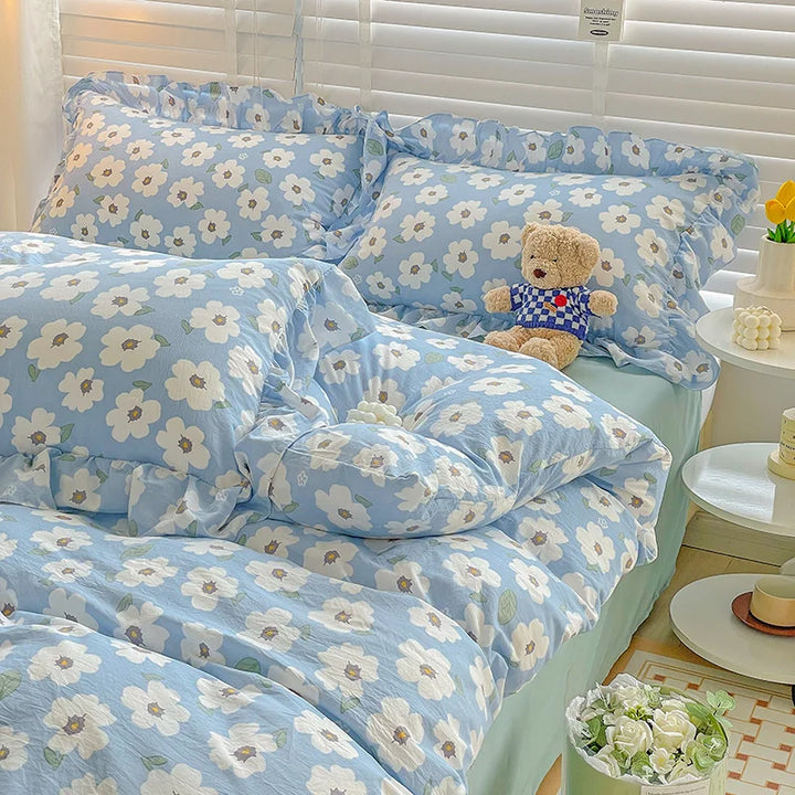 Rynx | Pastoral Girl Bedding Sets Soft Washed Cotton Bedding Princess Comforter Sheets Simple White Flower Bedspread Home Textiles