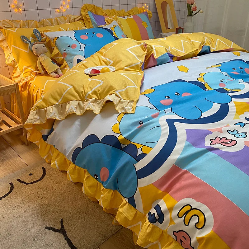 Lisslune | Korean-Vierteil-Set Herbst Winter Bettwäsche Prinzessinnenstil Spitzenbettbezug Blatt Frühling und Sommer Bett