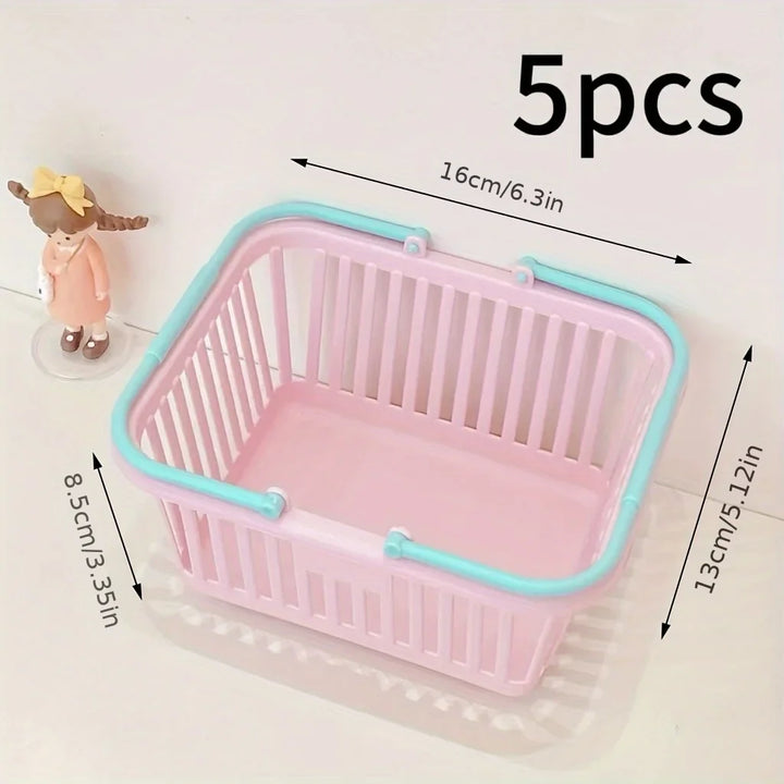 Rynx | 5 Piece Set Macaron Colors Mini Storage Baskets with Handle Fruit Cosmetic Stationery Organizer Desk Bathroom Organization Basket Set