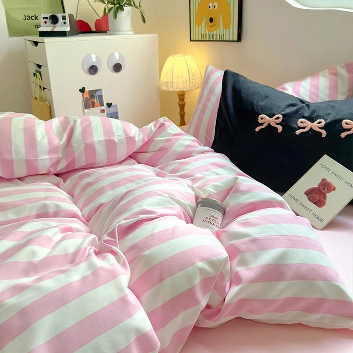 Rynx | Korean Bedding Set INS Girls Striped Soft Washed Cotton Bed Sheet Set Queen King Size Duvet Set Pillowcases Bed Linen