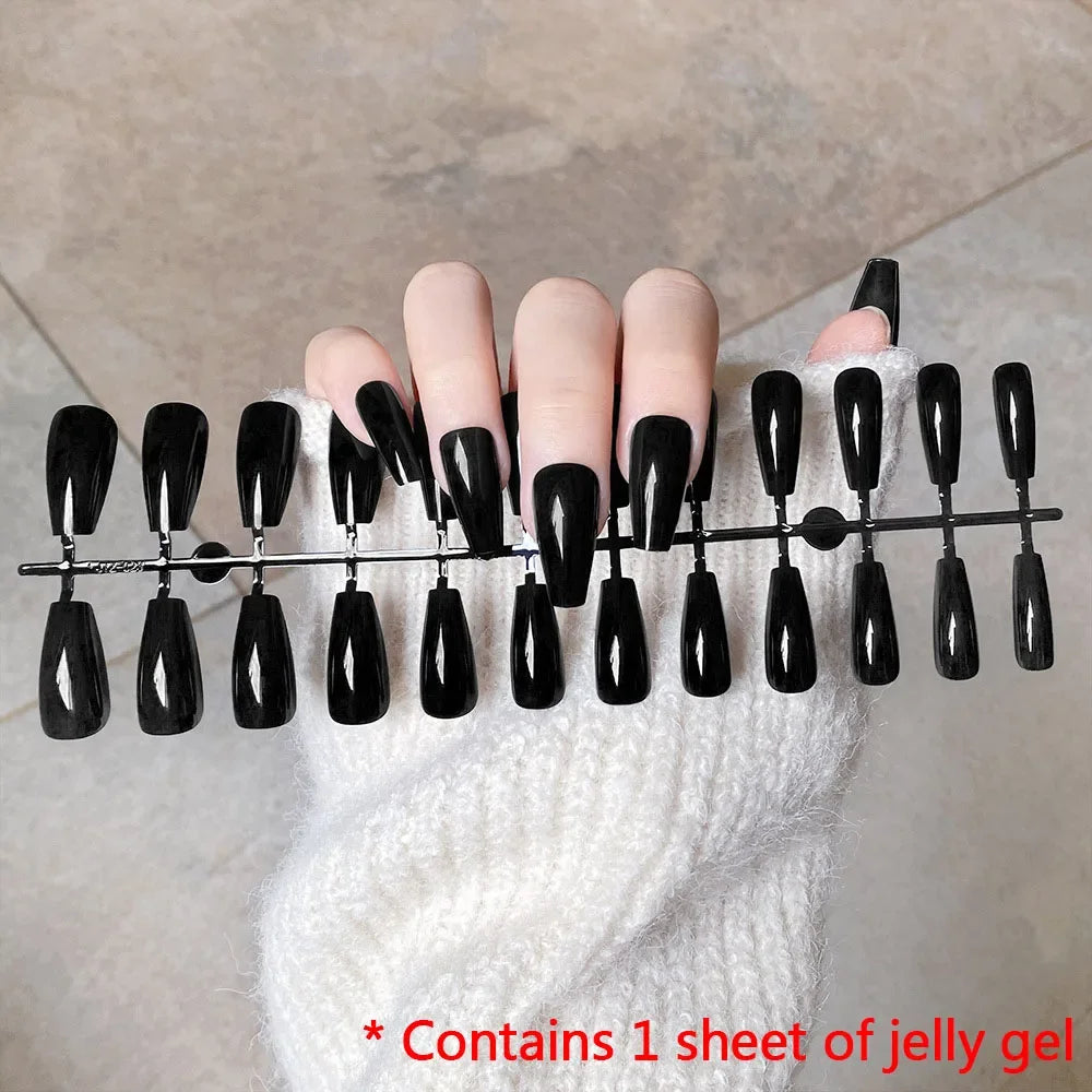 Rynx | Frosted Black Leaf Gold Glitter Powder Long Round Artificial Nails Purple Removable Ready to Stick Artificial Nails with Glue