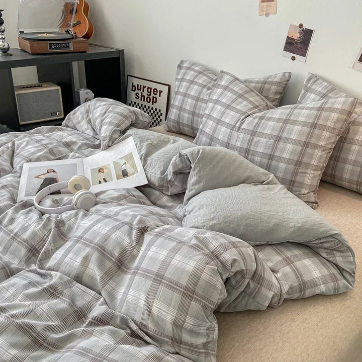 Rynx Japanese Style Check Queen Duvet Cover Set 1/3 Pieces Soft Washed Duvet and Pillowcase or just Duvet Covers Skin-Friendly