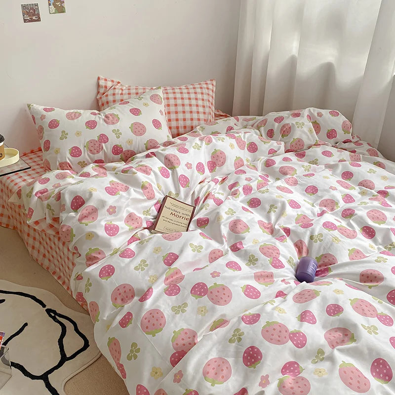 Rynx | Kawaii Pink Strawberry Duvet Cover Set without Filling Fashion Bedding Full Size Queen Size Luxury Home Textiles for Girls Bedding