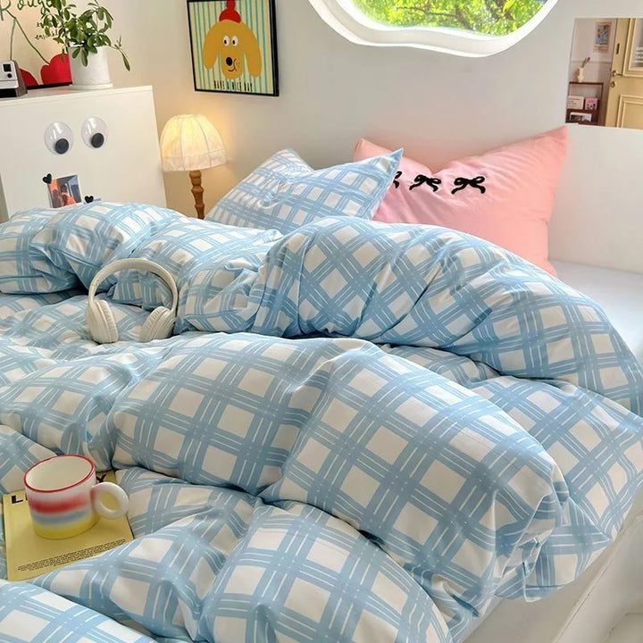 Rynx | Korean Bedding Set INS Girls Striped Soft Washed Cotton Bed Sheet Set Queen King Size Duvet Set Pillowcases Bed Linen