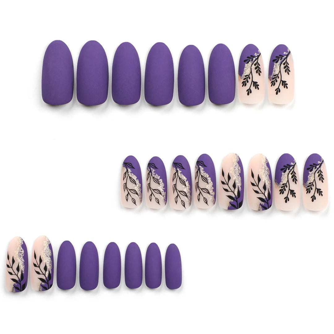 Rynx | Frosted Black Leaf Gold Glitter Powder Long Round Artificial Nails Purple Removable Ready to Stick Artificial Nails with Glue