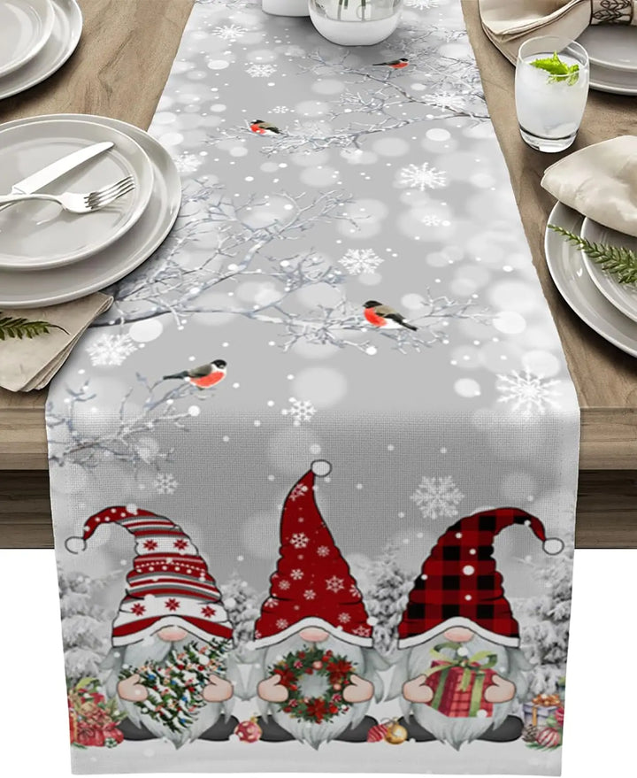 Lisslune | SnowGnome Christmas Table Runner – Luxe Linen Table Runner with Snowflake and Gnome Design