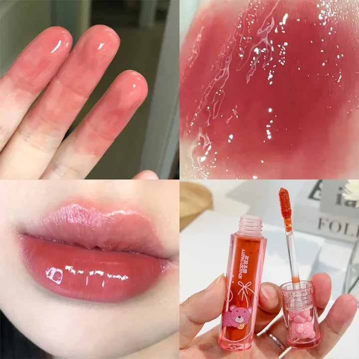 Rynx | Sweet Pink Bear Waterlight Lip Gloss Long-lasting Crystal Shiny Lip Lacquer Mirror Nude Liquid Lipstick Women's Lip Makeup Cosmetics