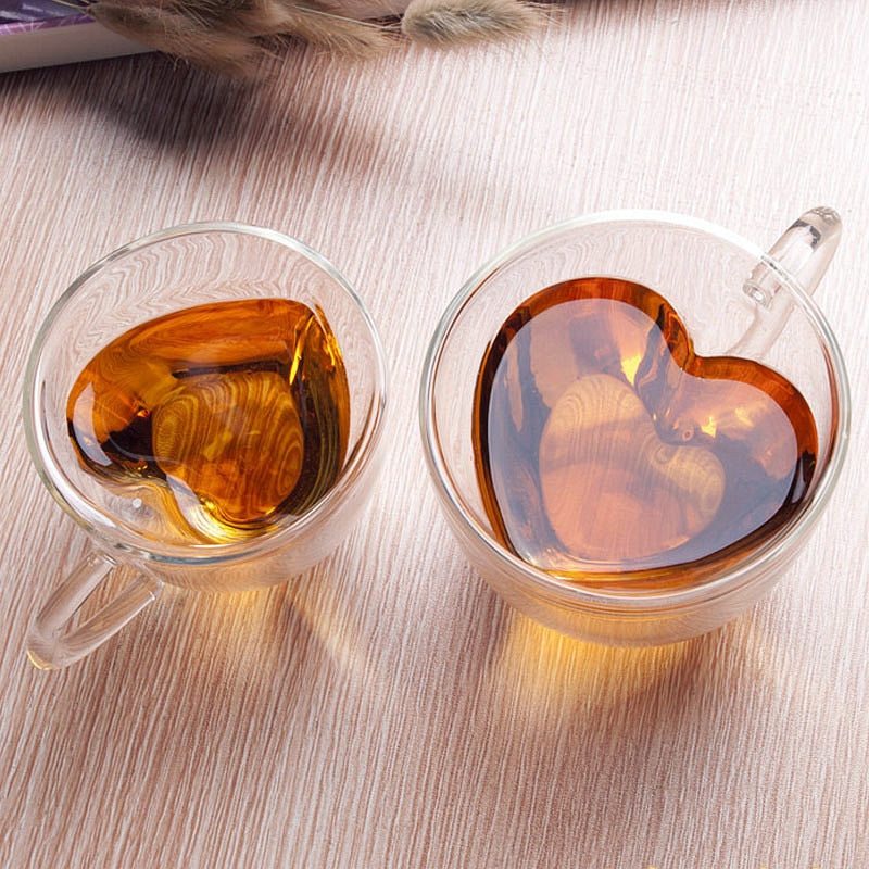 Lisslune | Heart Love Shape Glass Mug Double-Walled Coffee Cups Insulated Tea Milk Lemon Juice Water Cup Heat-Resistant Drinkware Lover Gift