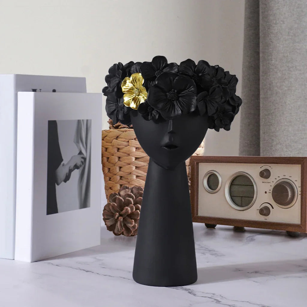 Lisslune | Nordic Girl Head Flower Resin Vase Statue Flower Vases for Office Desktop Dried Flowers Ornaments Decor Container