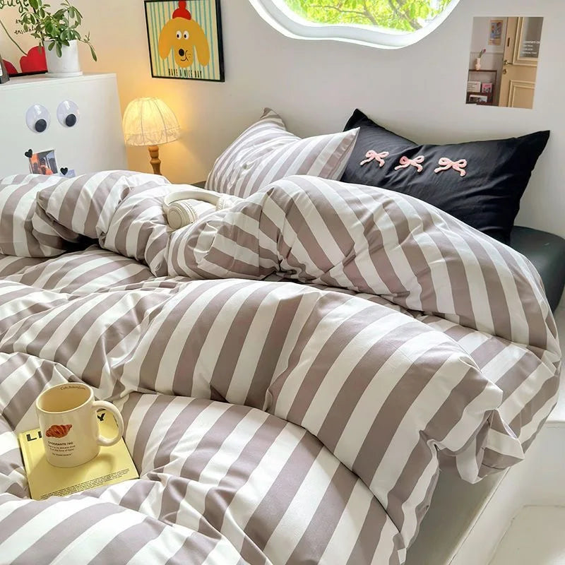 Rynx | Korean Bedding Set INS Girls Striped Soft Washed Cotton Bed Sheet Set Queen King Size Duvet Set Pillowcases Bed Linen