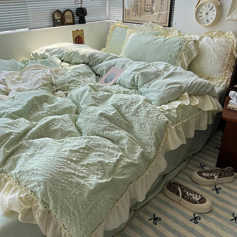 Rynx | Pink Korean Princess Style Lace Ruffles Bedding Set Skin-Friendly Seersucker Duvet Cover Set Fitted Sheet/Bed Sheet Pillowcases