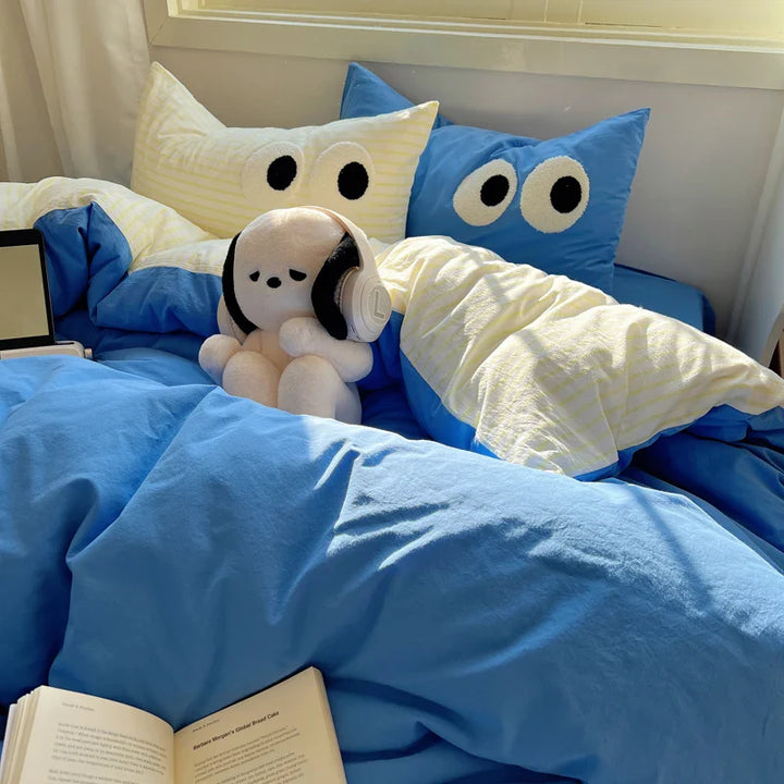 Rynx | In Black Big Eye Solid Color Bedding Set Girls Boys Flat Bed Sheet Blue Duvet Cover Pillowcase Washed Cotton Bedding Home Textiles