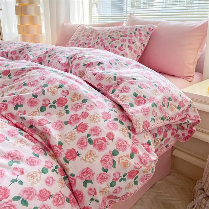 Lisslune | Ins Washed Double-Layer Garn Shell Stickerei Vier-Teiliges Bett Spannbettlaken