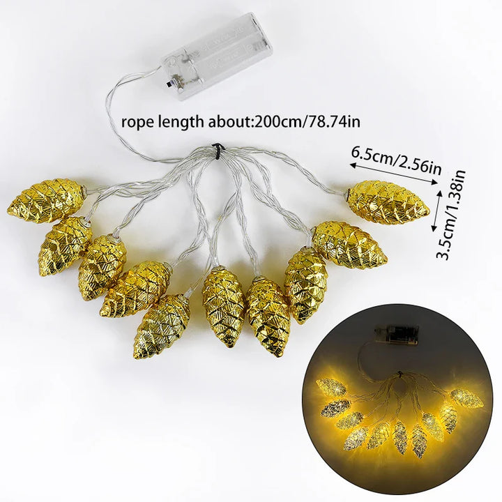 Rynx 1.6M 10LED Pine Cone String Lights Christmas Tree Hanging Ornaments Merry Christmas Fairy Lights Home Decor 2025 New Year