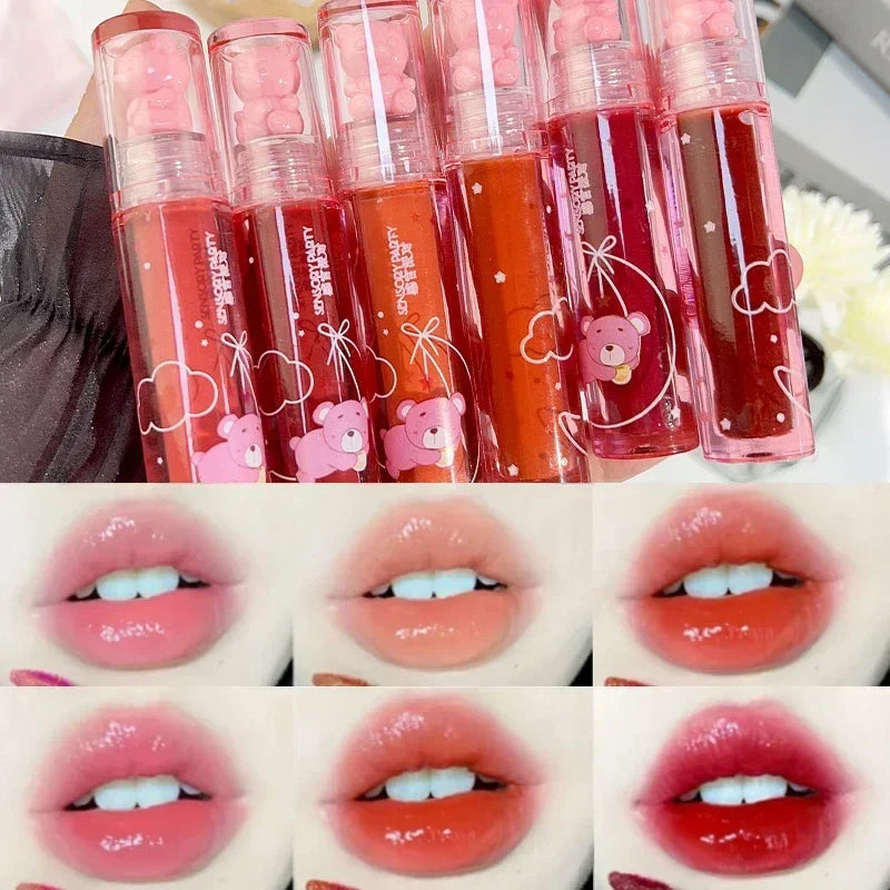 Rynx | Cute Bear Lip Gloss Crystal Jelly Mirror Waterproof Liquid Lipstick Moisturizing Reducing Lip Wrinkles Long-lasting Lip Tint Makeup