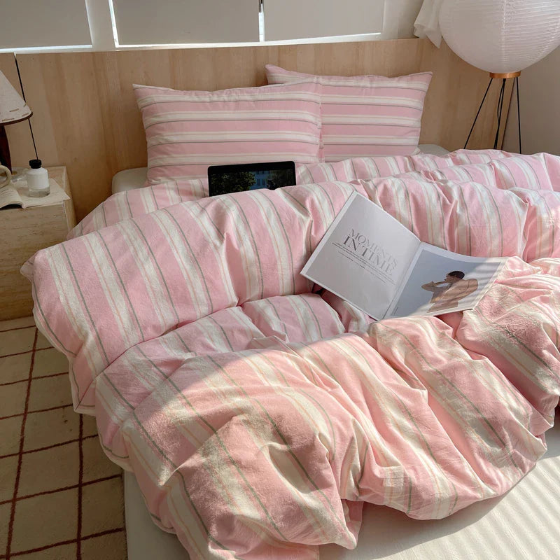Rynx | 100% Cotton Soft Bedding Set Striped Print Duvet Cover with Pillowcase Bedding Bedspread Pillowcases Duvet Sets