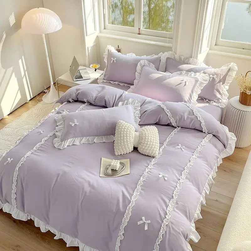 Rynx | Princess Style Duvet Cover Set with Bed Sheet Pillowcases Korean Green Pink Girls Gift Spring Single Queen Size Bedding Set
