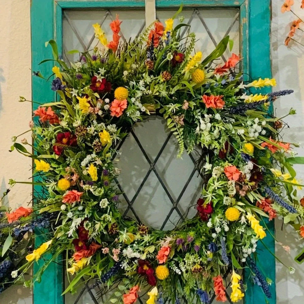 Rynx | Wildflower Wreath Spring Summer Wreath Front Door Artificial Flower Wreath Farmhouse Decor Fresh Green Plant Eternal Flower