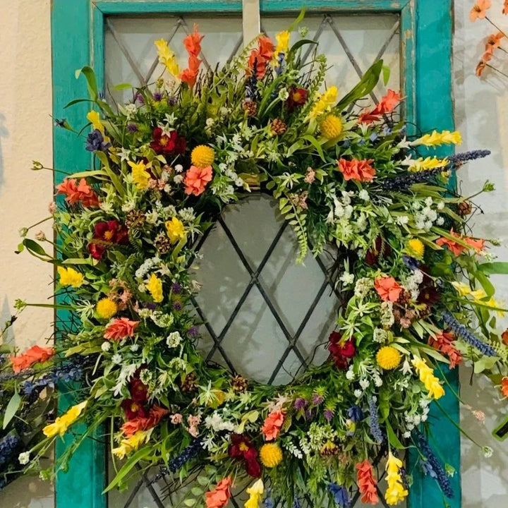 Rynx | Wildflower Wreath Spring Summer Wreath Front Door Artificial Flower Wreath Farmhouse Decor Fresh Green Plant Eternal Flower