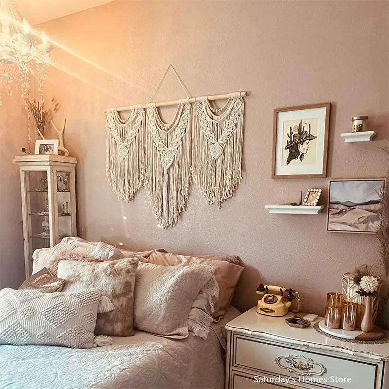 Rynx | Large Macrame Wall Tapestry Handcrafted Cotton Rope Tassel Pendant Wall Hanging Rug with Wooden Stick Handwoven Bohemia Tassel