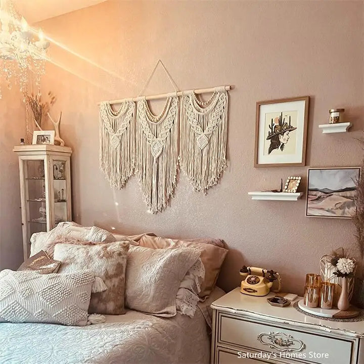 Rynx | Large Macrame Wall Tapestry Handcrafted Cotton Rope Tassel Pendant Wall Hanging Rug with Wooden Stick Handwoven Bohemia Tassel