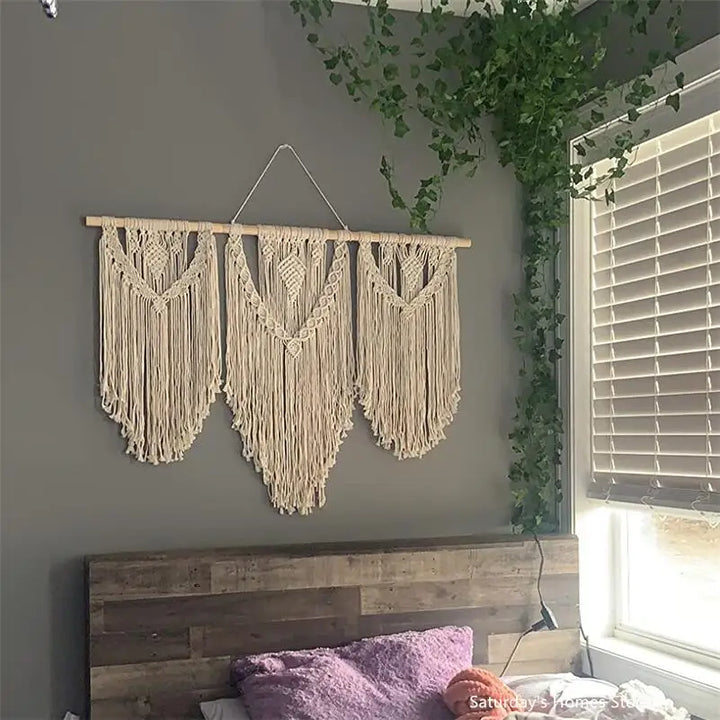 Rynx | Large Macrame Wall Tapestry Handcrafted Cotton Rope Tassel Pendant Wall Hanging Rug with Wooden Stick Handwoven Bohemia Tassel