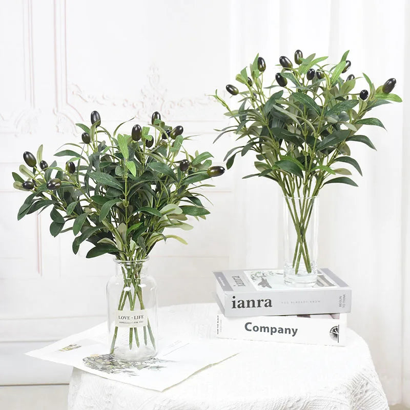 Rynx 1/3 Piece Artificial Olive Leaves Tree Branch Green Plant with Fruits for Home Garden Vase Decoration Wedding Bouquet Silk Flowers
