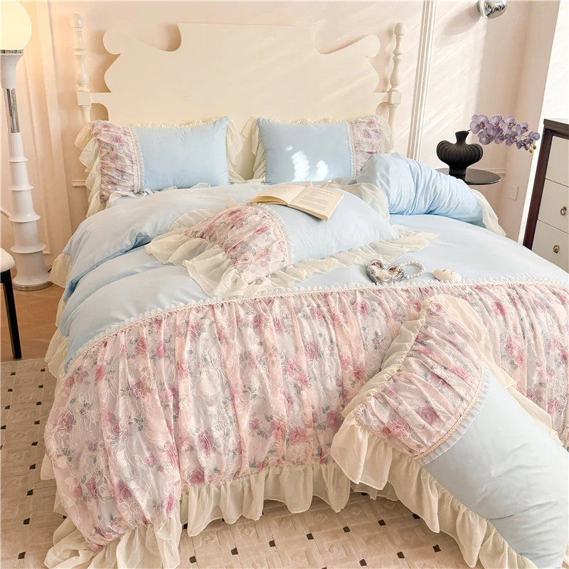 Rynx | Flower Lace Ruffle Princess Wedding Bedding Set Full Queen King Duvet Cover Bed Skirt/Bed Sheet/Fitted Sheet Pillowcases 4 Pieces
