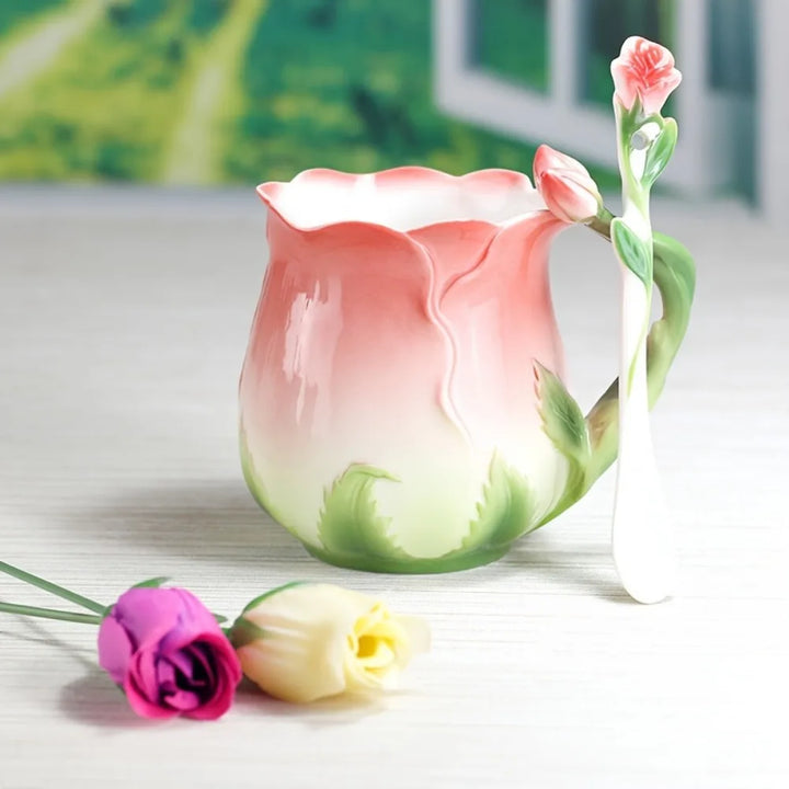 Lisslune | 3D Rose Flower Coffee Mug Ceramic Coffee Mugs Cute Aesthetic Water Cups with Spoon Summer Winter Drinking Utensils Valentine's Day Gifts