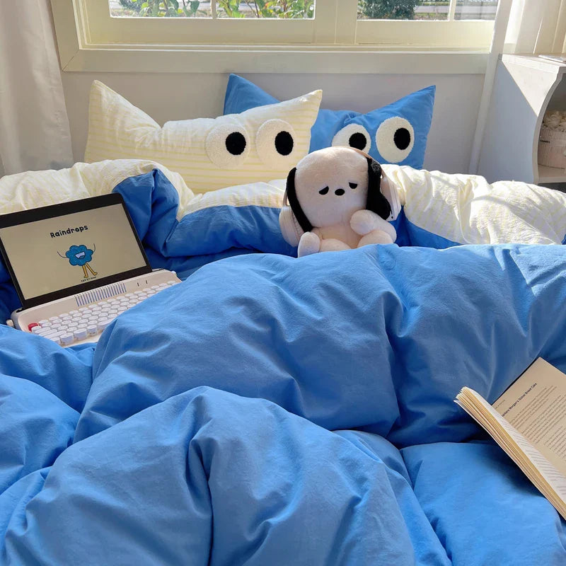 Rynx | In Black Big Eye Solid Color Bedding Set Girls Boys Flat Bed Sheet Blue Duvet Cover Pillowcase Washed Cotton Bedding Home Textiles