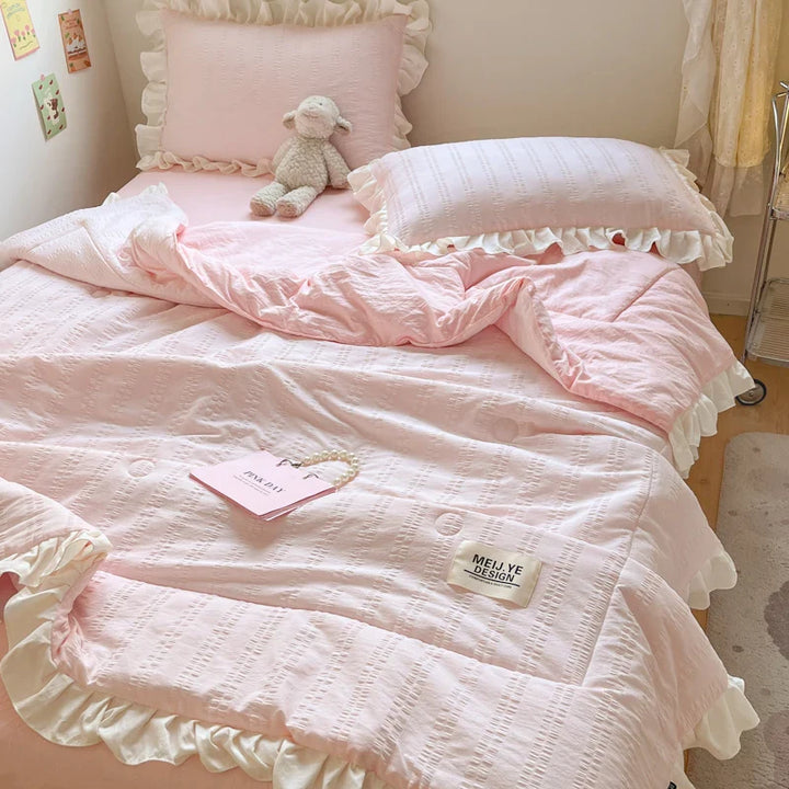 Rynx | Korean Princess Style Summer Cool Quilt Comforter Soft Seersucker Lace Ruffle Summer Thin Quilt Blanket Machine Washable