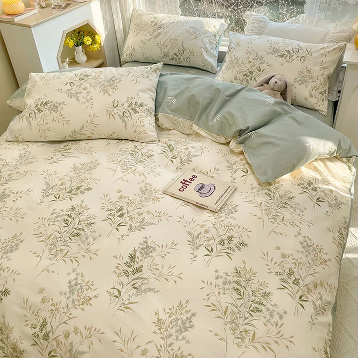 Rynx | Simple Leaf Floral Printed Duvet Cover Set with Leaf Pillowcases Without Filling Soft Bedding Full Queen Size Women Home Bedding