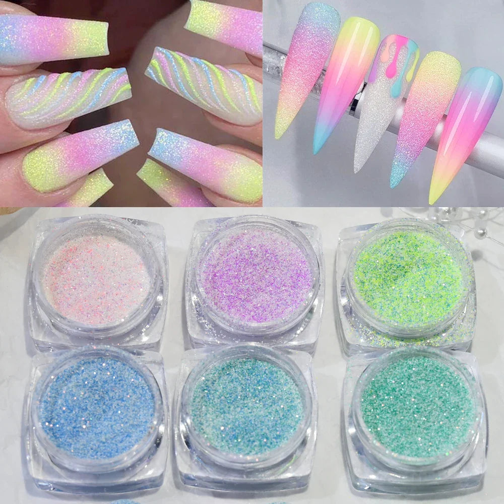 Rynx | 6 Glasses/Set Iridescent Candy Sweater Nail Glitter Powder Shiny Fine Sugar Dust Nail Chrome Pigment Nail Art Gel Polish Decorations