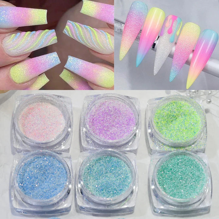 Rynx | 6 Glasses/Set Iridescent Candy Sweater Nail Glitter Powder Shiny Fine Sugar Dust Nail Chrome Pigment Nail Art Gel Polish Decorations