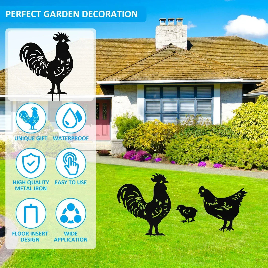 Rynx | 3/9Pcs Chicken Garden Stakes Metal Chicken Decoration Creative Rooster Silhouette Lawn Stake Decorative for Outdoor Terrace Lawn