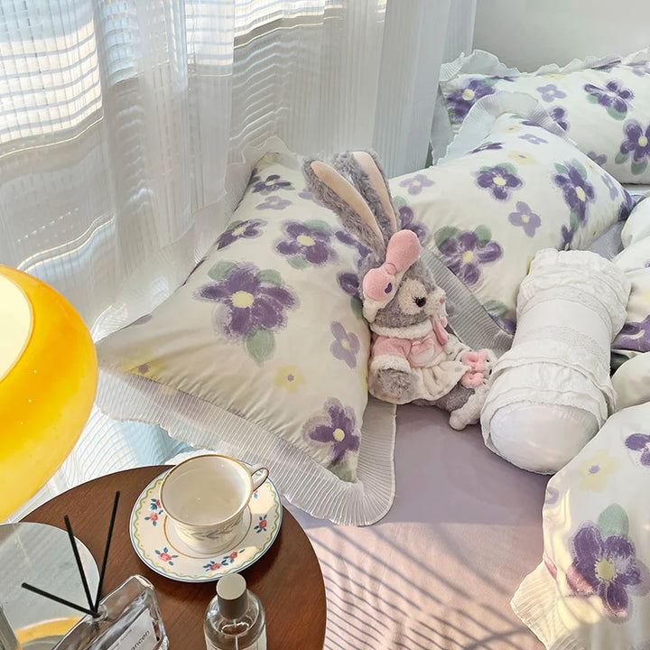 Rynx | Floral Style 100% Cotton Printed Soft Bed Linen Set Duvet Bedware Duvet Pillowcase Flat Sheet Comforter Set for Girls