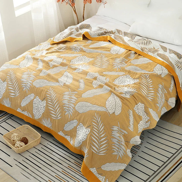 Rynx | Textile City Patterned Leaves Yellow Cotton Gauze Throw Blanket 5-Layer Gauze Towel Quilt Soft Comfortable Throw Blanket 200x230cm