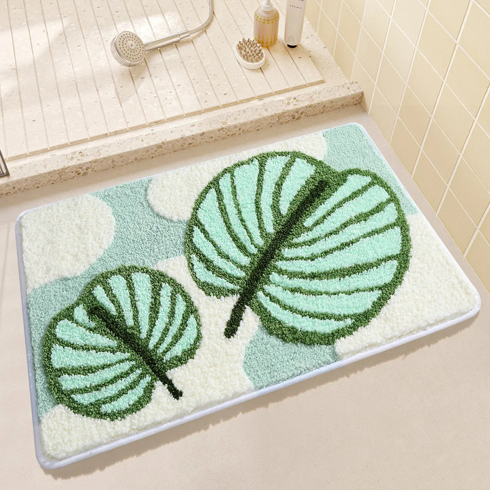 Rynx | Tufting Green Plants Bathroom Mat Soft Bedside Foot Rug Carpet Floor Mat Bath Mat Bedroom Foot Mat Aesthetic Home Space Neat Decor