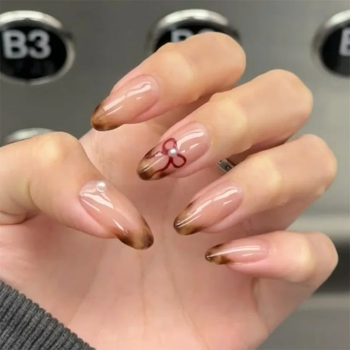 Rynx | Brown Leopard Gradient French Nail Art Red Bow Pearls False Nails Removable Ready-Made False Nails To Stick With Glue