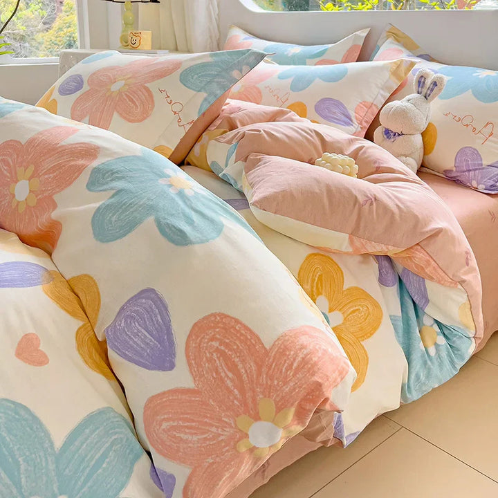 Rynx Hot Flora Style 100% Cotton Bedding Set Printed Four-Piece Set Pure Cotton Sheet Set Duvet Cover Queen King Size