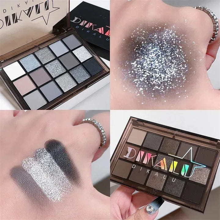 Rynx | 15 Colors Eyeshadow Palette Black Smoky Cool Tones Eyeshadow Metallic Pearlescent Matte Silver Gray Long-lasting Eyeshadow Party Makeup