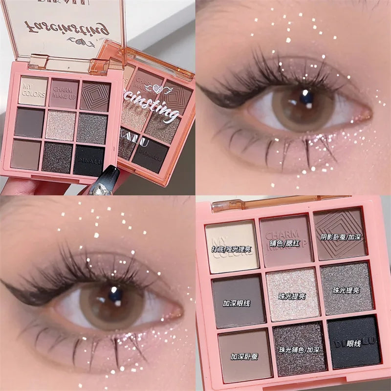Rynx | Smoky Glitter Matte Eyeshadow Palette 9 Colors Pearl Grey Black Hue Shimmer Eyeshadow Makeup Pigments Palette Cosmetics